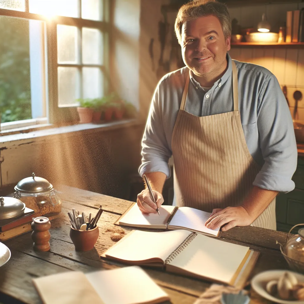 Kitchen writer at desk with recipes and notebooks
