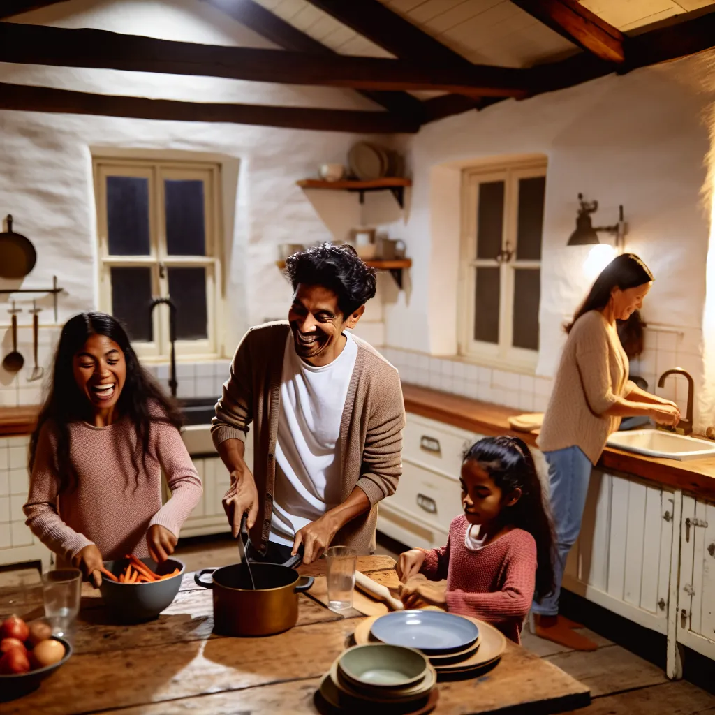 Happy family cooking together in organized evening kitchen